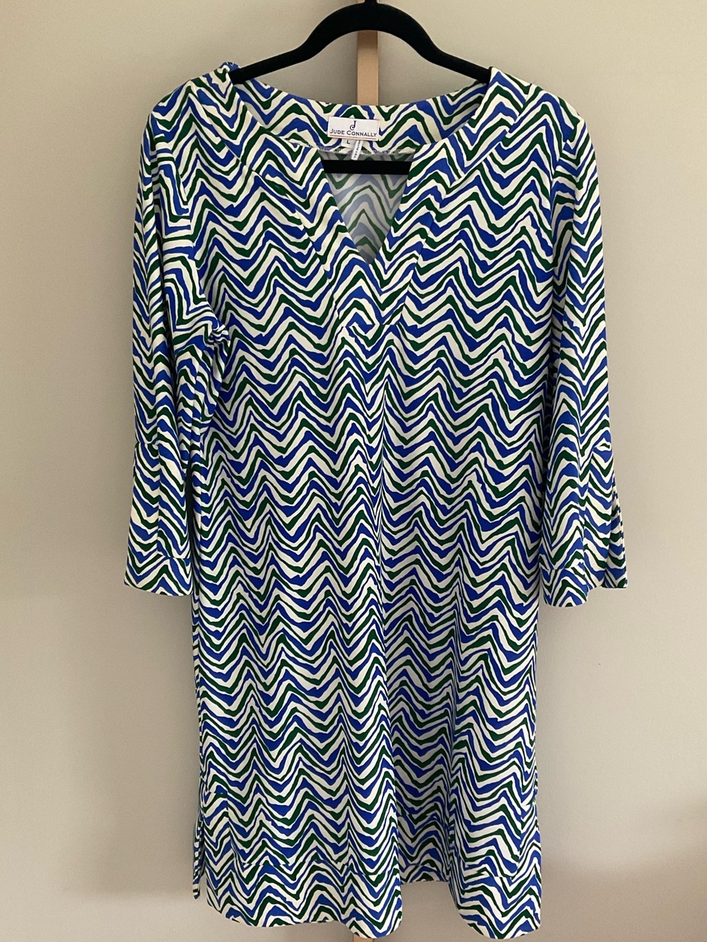Jude Connally L Blue Green Chevron Print Stretch Knit Shift Dress USA Made